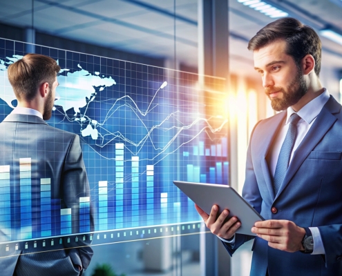 Businessman looking at digital tablet with financial graphs.